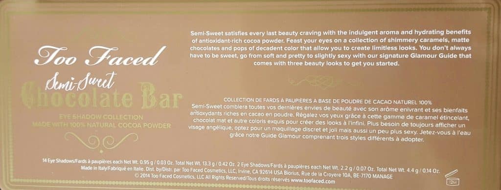 Too Faced Eye Shadow SEMI-SWEET CHOCOLATE BAR DESCRIPTION